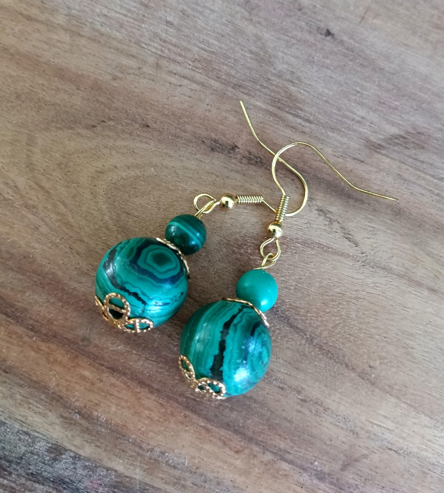 Vintage Malachite Dangle Earrings Gold Tone Large Green Bead Statement Pierced