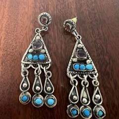 2 5/8″ MEXICO STERLING SILVER TURQUOISE CORAL AMETHYST CHANDELIER EARRINGS