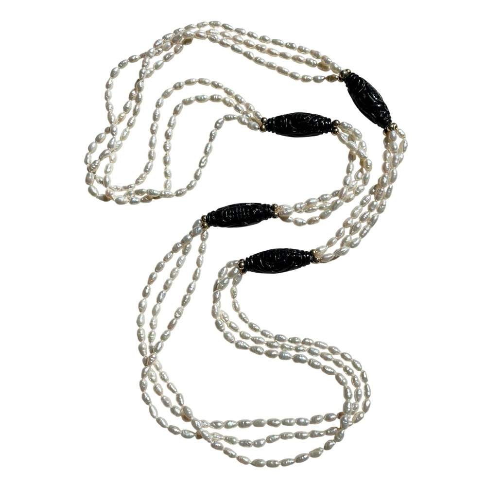 VTG FRESHWATER PEARL NECKLACE 14K YELLOW GOLD & CHINESE CARVED BLACK ONYX BEADS