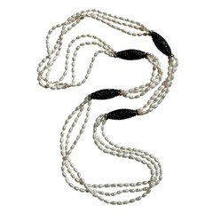 VTG FRESHWATER PEARL NECKLACE 14K YELLOW GOLD & CHINESE CARVED BLACK ONYX BEADS