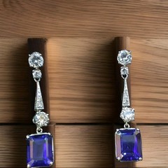 Vintage Filigree 18k white gold blue sapphire Drops earrings Emerald Cut