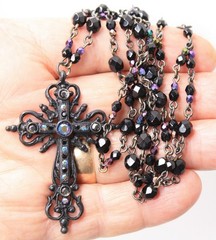 BEN-AMUN Signed AB Crystals Gun Metal Cross Pendant Necklace Choker 14.5″