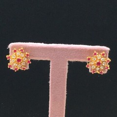Signed Starburst Earrings Sapphires and Simulated Ruby Gold Tone Marked W