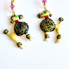 Lunch At The Ritz LATR Poodle Dog signed Earrings VTG Pierced Dangle Enamel 80s