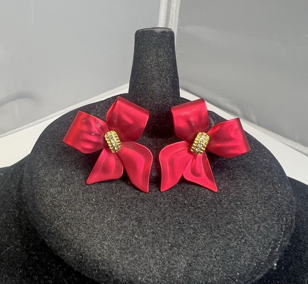 Vintage Signed TONA Metal Red Bow Gold Tone Rhinestone Christmas Earrings