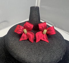 Vintage Signed TONA Metal Red Bow Gold Tone Rhinestone Christmas Earrings