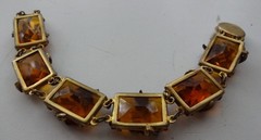 Antique Art Deco Amber Glass Link Floral Brass Bracelet Geometric Neiger Brother