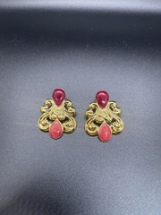 Vintage Gold Tone and Red Enamel Stud Earrings with Post Backs for Pierced Ears