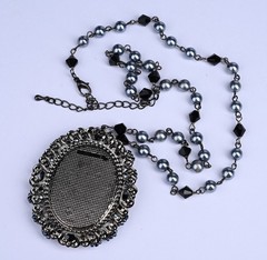 Vintage Cameo Necklace Blue Faux Pearl Black Bead Rhinestone 23″