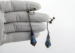 Rare Antique Chinese Kingfisher Bird Feather Silver Drop Dangle Earrings