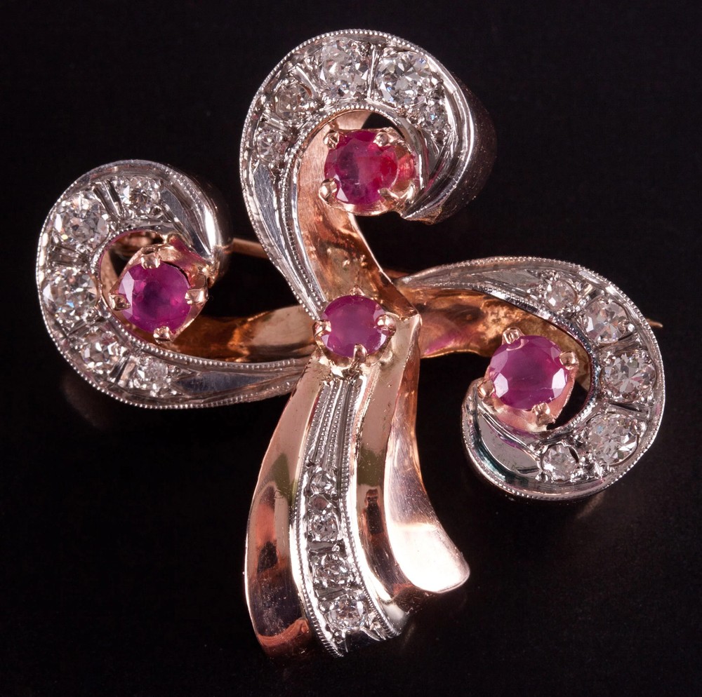 Vintage 1940’s 13k Rose Gold Palladium Ruby Diamond Brooch 1.91ctw 8.52g