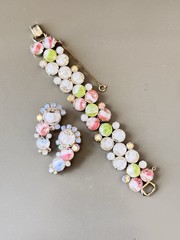 Vintage Signed HOBE’ Bracelet & Earring Set, White & Pink Givre Glass Stones