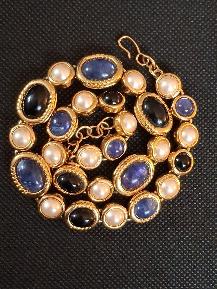 Spectacular Vintage Monet Adjust. Choker Peal Faux Black Jade Tanzanite Saphire
