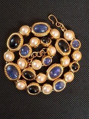 Spectacular Vintage Monet Adjust. Choker Peal Faux Black Jade Tanzanite Saphire