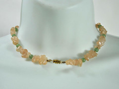 Vintage Jade Pink and Green Bead 15″Necklace Hand Strung Gold Tone Twist Closure