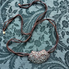 Vintage Adjustable Brown Faux Leather Cord Necklace Patina Scroll Pendant
