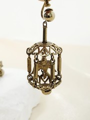 Pair Vintage Gold Tone Dangle Screw-Back Bird Cage Earrings