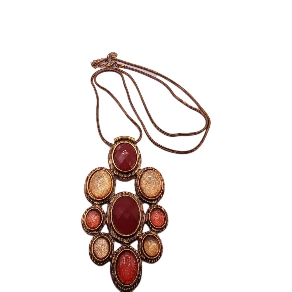 Vintage Liz Claiborne Pendant Necklace Red Amber Gold Tone Statement 30 to 32 in