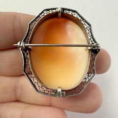 Antique Sterling Silver Carved Shell Victorian Lady Portrait Cameo Brooch Pin