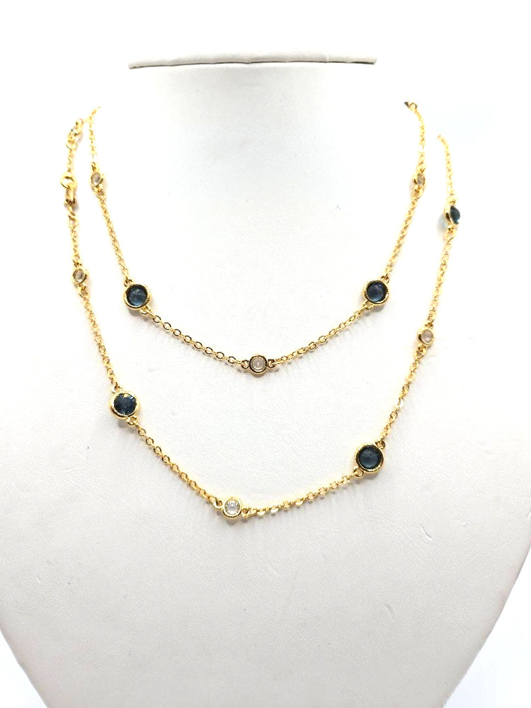 Vintage Swarovski Crystal Bezel Gold Tone Necklace w/ Blue & Clear Crystals 28in