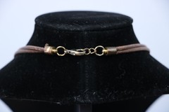 Long Gold Tone Circle Link Necklace Hammered Rings Brown Cord