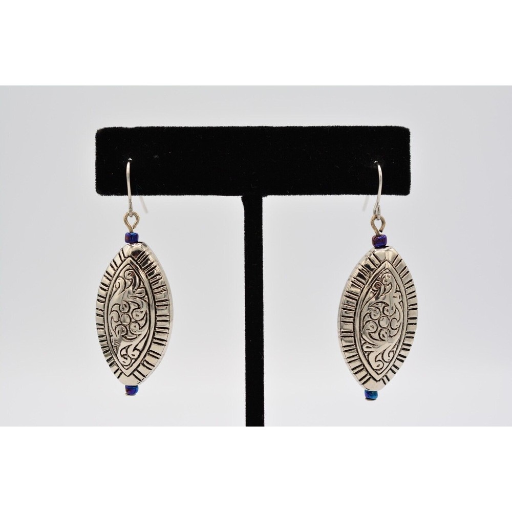 Vintage Dangle Earrings Silver Tone Beaded Shiny Pattern Cocktail 1990s BinAK