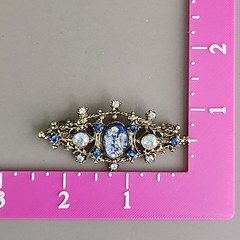 Vintage Foiled Glass Brooch Aurora Borealis Blue Oval Gold Tone 2 3/8″