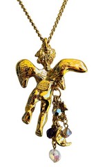 Vintage Signed Kirk’s Folly Angel Cherub Glass Dangle Gold Tone Necklace 28”