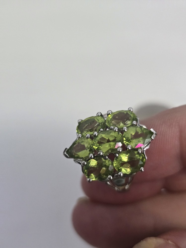 Sterling Silver .925 Manchurian PERIDOT pear Oval Stones Rhodium Coated Sz.5.75
