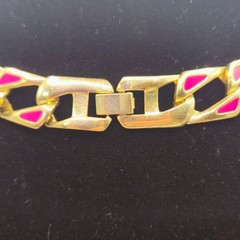 Vintage Gold Tone and Pink/Red Enamel Chunky Chain Link Choker Necklace