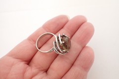 Vintage Modernist Sterling Silver & Large Smoky Quartz Cocktail Ring Sz 7