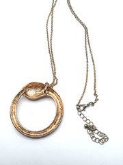 Vtg Snake Eating Its Tail Circle Pendant Gold Tone Rhinestones on 29 In Chain
