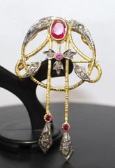 0.80ct Rose Cut Diamond Ruby 925 Sterling Silver Antique Look Wedding Brooch Pin