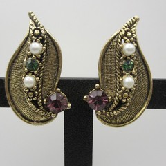 Vtg Climber Earrings Suffragette Colors Rhinestone Textured Gold Tone Clip Ons