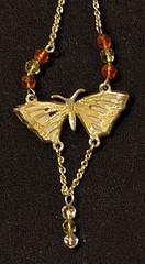Vintage Cookie Lee Enamel Butterfly Necklace Amber Yellow Bead Drop Clasp Tag