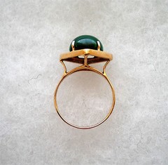Vintage Designer Solid 14K Yellow Gold Malachite Cabochon Solitaire Ring 14kt
