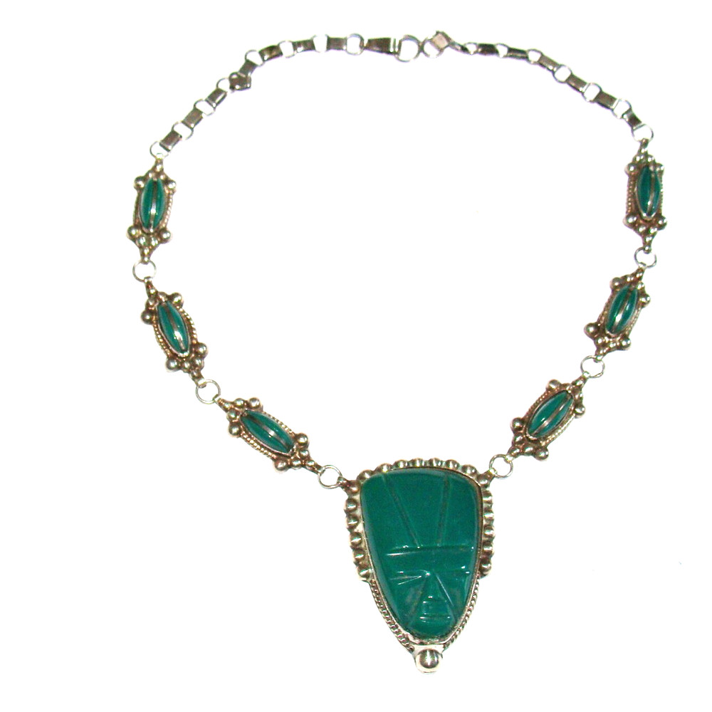 Vintage Mexico Sterling Silver Green Onyx Aztec Warrior Face 17″ Necklace 51.8g