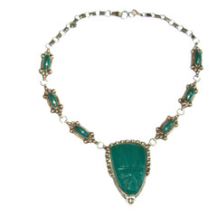 Vintage Mexico Sterling Silver Green Onyx Aztec Warrior Face 17″ Necklace 51.8g