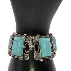 Vintage Faux Turquoise Thermoset Link Bracelet, Mid Century, Silver Tone, Ornat