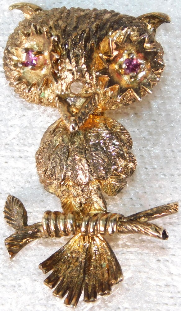 Vintage 40’s Les Bernard Signed Sterling Silver Gold Vermil Owl Bird Brooch