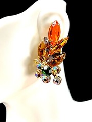 TARA BY JULIANA D&E ORANGE TOPAZ NAVETTE CRYSTAL AB RHINESTONE CLIP EARRINGS