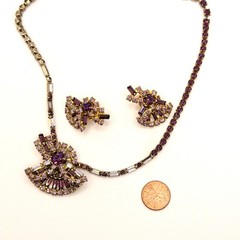 Vintage 50s Purple Amethyst Rhinestone Baguette Statement Necklace Earring Set