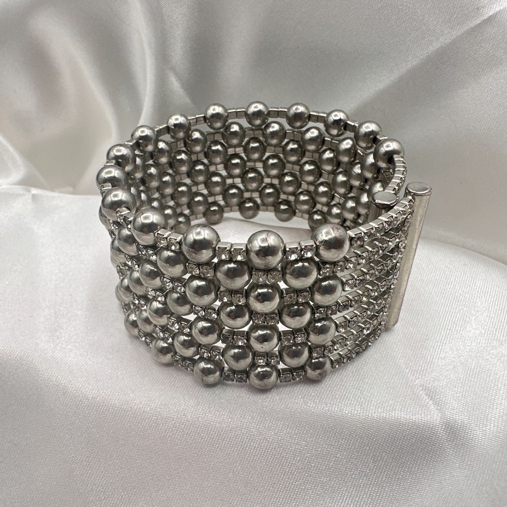 Vintage 90s Silver Tone Multi Row Bead Clear Glass Wide Cuff Statement Bracelet