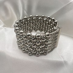 Vintage 90s Silver Tone Multi Row Bead Clear Glass Wide Cuff Statement Bracelet