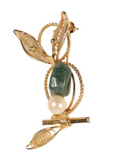 Vintage Owl Pin Brooch with Jade and Pearl Accents Gold Tone 1.5 Inches Tall