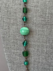 Antique Vintage Early Art Deco Czech Flapper Necklace Green Glass Beads Beaded