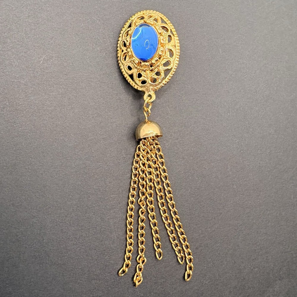 Vintage Blue Glass Cabochon Brooch w/ Chain Tassels Gold Tone Filigree 80s Glam