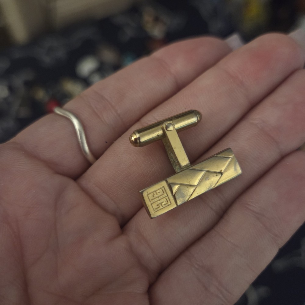 Vintage Givenchy Gold Tone Cufflink Single 1980s Geometric 4G Logo Designer…