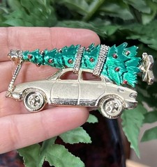 AJC Large Christmas Brooch Bringing Home the Tree with Car Gold Tone and Enamel