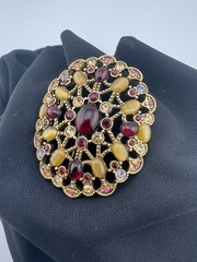 VTG Monet Signed Tigereye Ruby Topaz Gold Crystals Oval Broach Pin Filagree